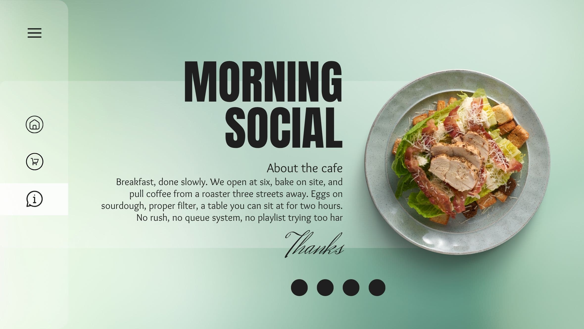 A cafe website design for Morning Social, with a plated breakfast photographed from above