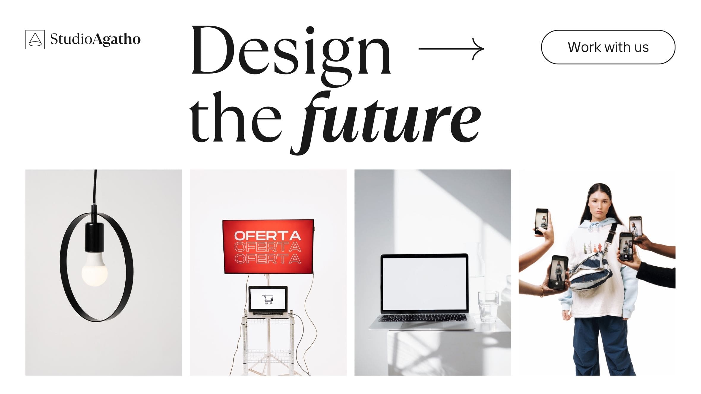 A design studio website called Studio Agatho, with the headline Design the future over a row of product photographs
